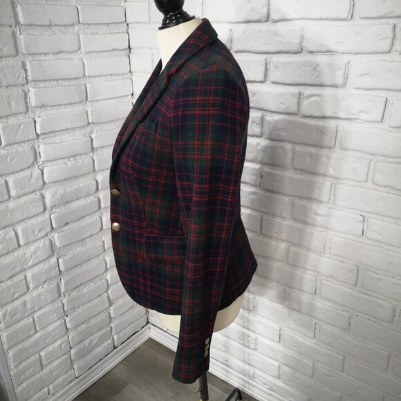 J. Crew Ladies Size 00 Navy Green Red Plaid Lined Wool Blend Blazer - Picture 4 of 12